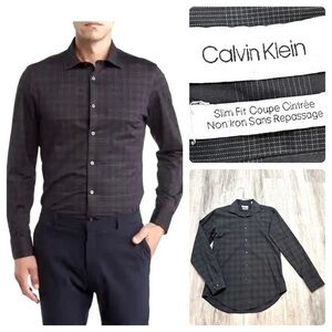 CALVIN KLEIN mens 100% cotton plaid Slim Fit long sleeve button down shirt.